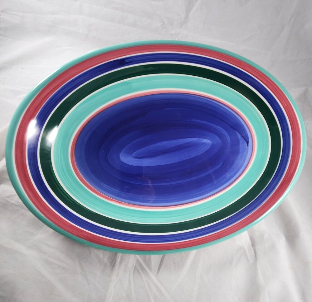 Pier One 1 Imports Hand Painted Oval Platter Multicolor Tray 16  x 11 x 2 Italy